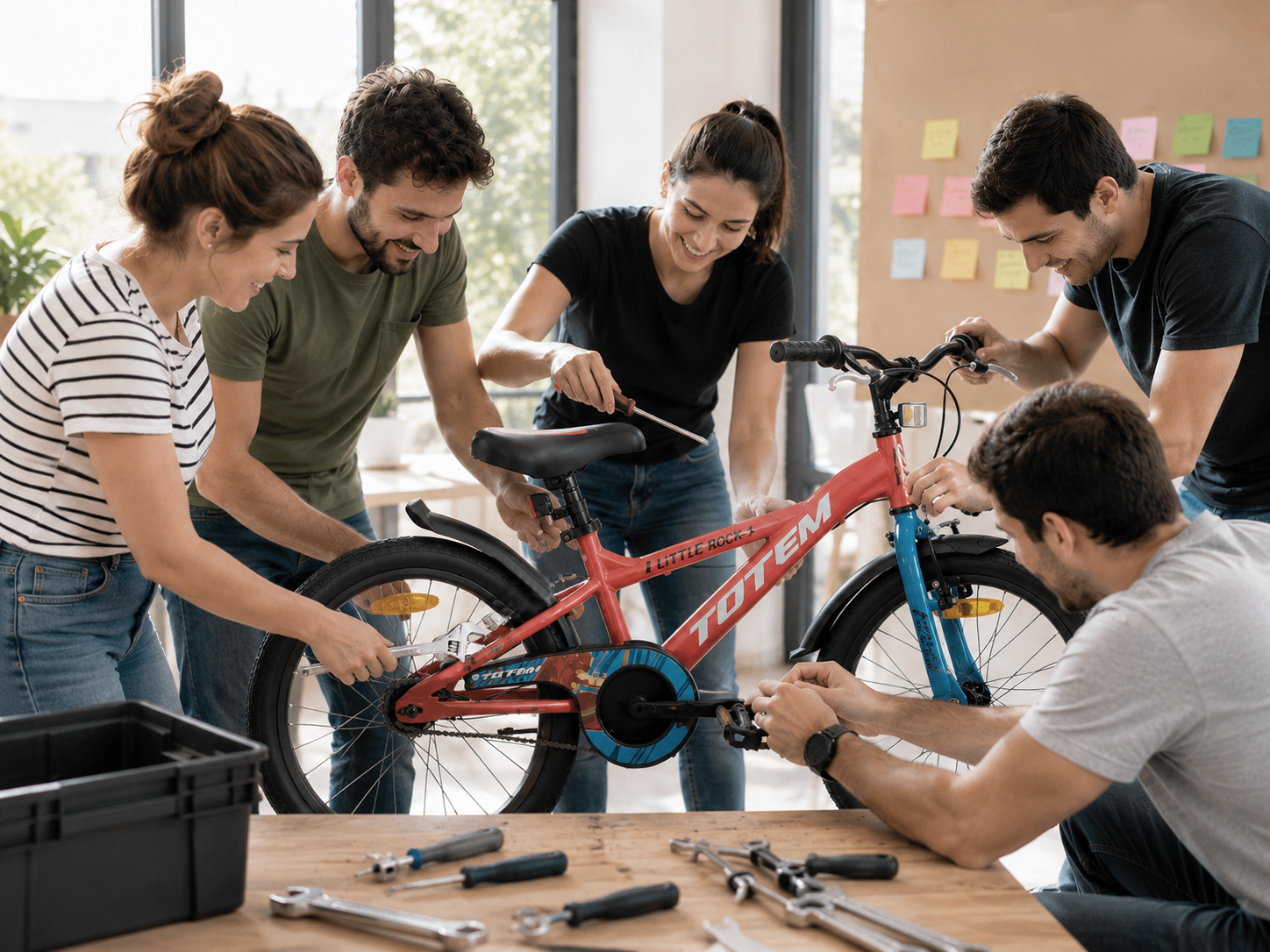 Equipo armando una bicicleta en Operación Cadena