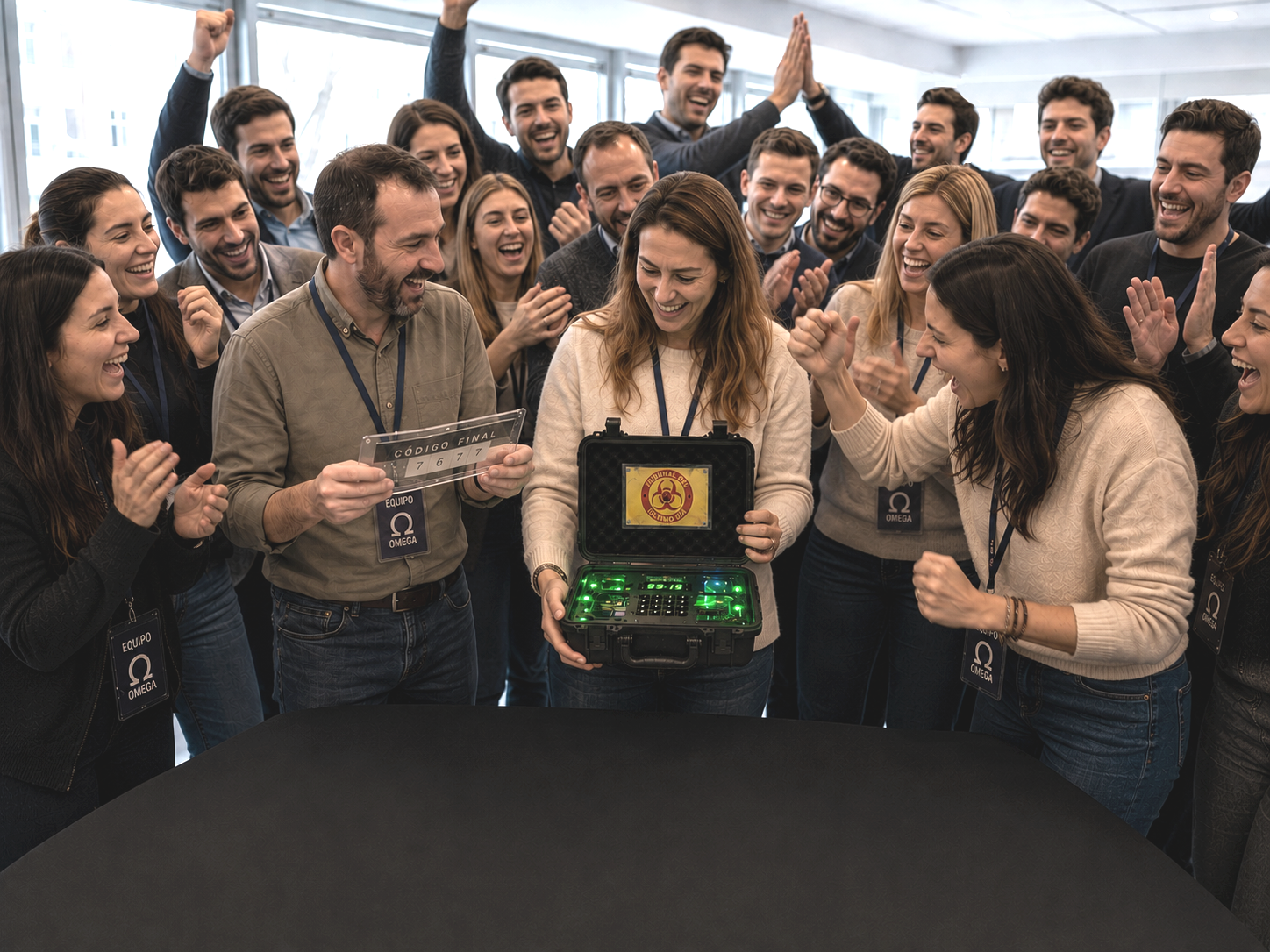Equipo celebrando luego de desactivar el artefacto de Código Omega