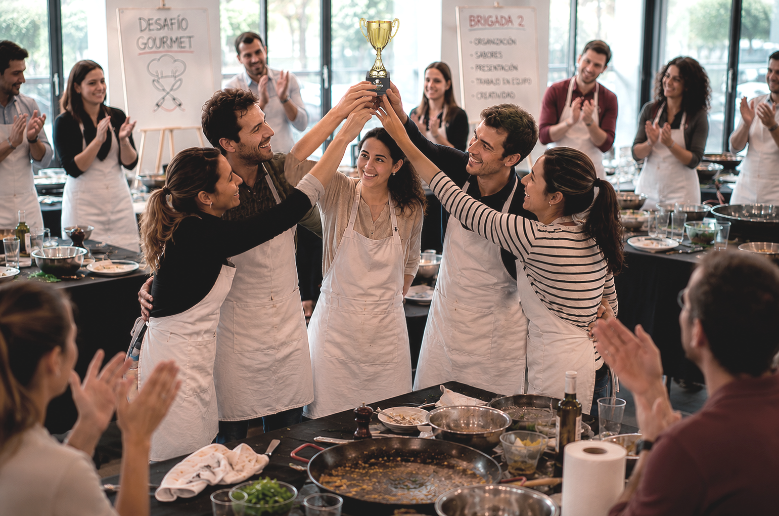 Equipo ganador levantando el trofeo