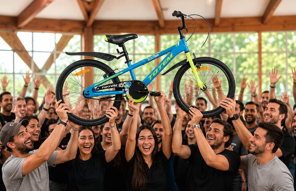 Equipo levantando la bicicleta terminada