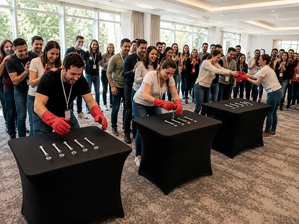 Participantes colaborando en la posta de guantes